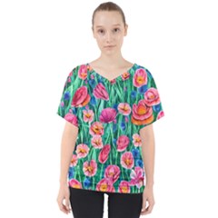 Blossom-filled Watercolor Flowers V-neck Dolman Drape Top by GardenOfOphir