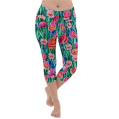 Blossom-filled Watercolor Flowers Lightweight Velour Capri Yoga Leggings by GardenOfOphir