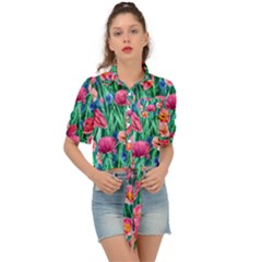 Blossom-filled Watercolor Flowers Tie Front Shirt  by GardenOfOphir