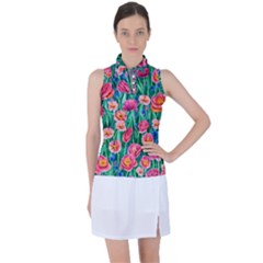 Blossom-filled Watercolor Flowers Women s Sleeveless Polo Tee by GardenOfOphir