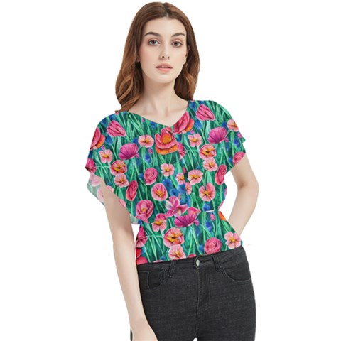 Blossom-filled Watercolor Flowers Butterfly Chiffon Blouse by GardenOfOphir