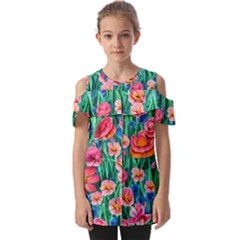 Blossom-filled Watercolor Flowers Fold Over Open Sleeve Top