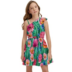 Blossom-filled Watercolor Flowers Kids  One Shoulder Party Dress by GardenOfOphir