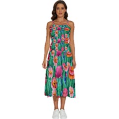 Blossom-filled Watercolor Flowers Sleeveless Shoulder Straps Boho Dress