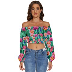 Blossom-filled Watercolor Flowers Long Sleeve Crinkled Weave Crop Top by GardenOfOphir