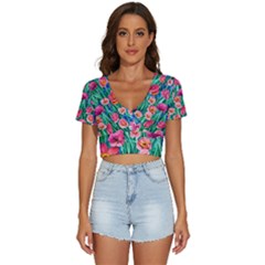 Blossom-filled Watercolor Flowers V-neck Crop Top by GardenOfOphir