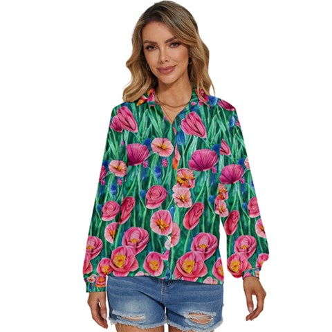 Blossom-filled Watercolor Flowers Women s Long Sleeve Button Down Shirt by GardenOfOphir