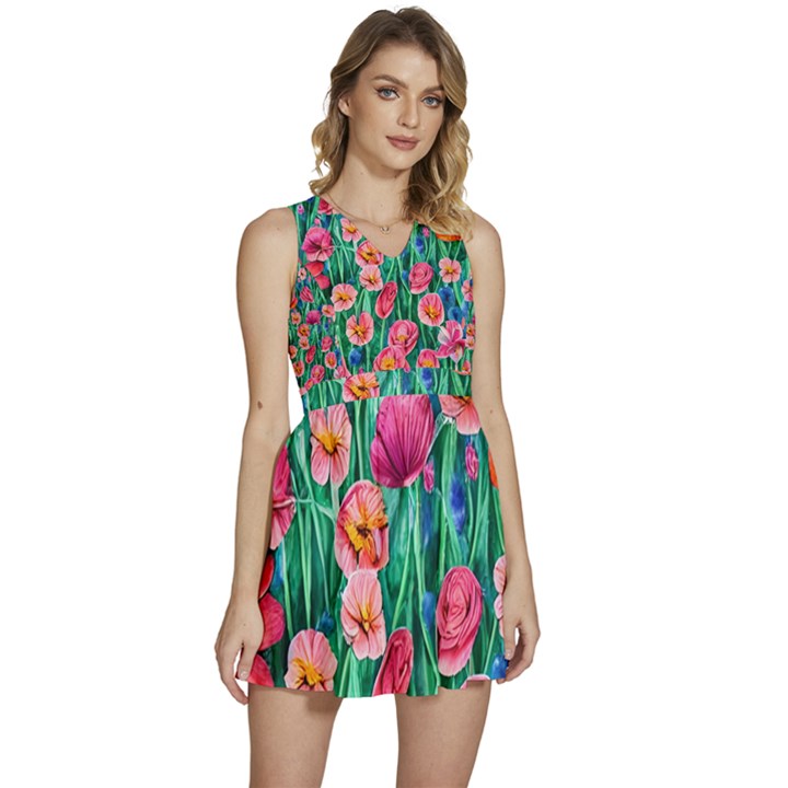 Blossom-filled Watercolor Flowers Sleeveless High Waist Mini Dress