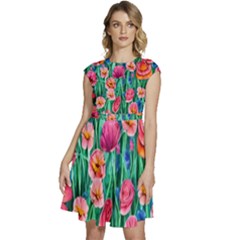 Blossom-filled Watercolor Flowers Cap Sleeve High Waist Dress