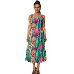 Blossom-filled Watercolor Flowers Square Neckline Tiered Midi Dress by GardenOfOphir