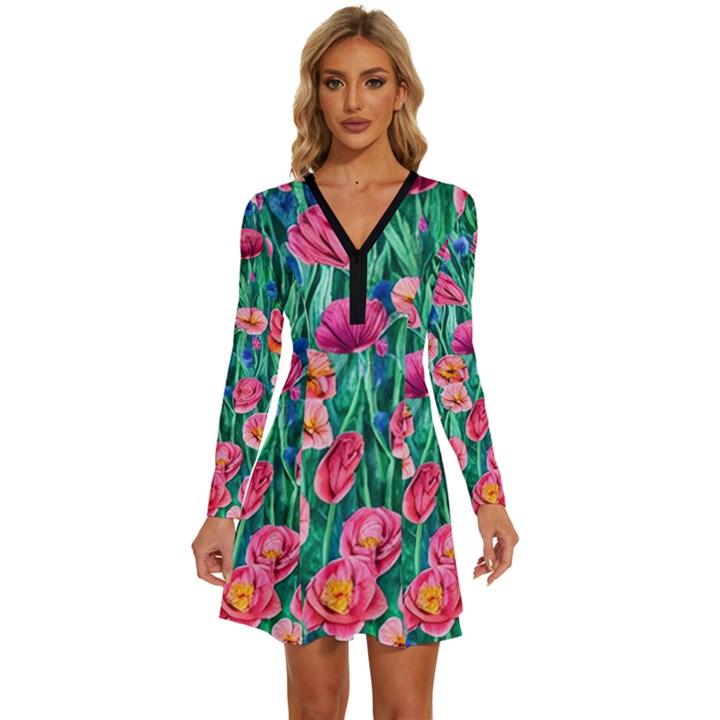 Blossom-filled Watercolor Flowers Long Sleeve Deep V Mini Dress 