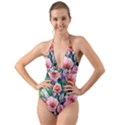 Azure Watercolor Flowers Halter Cut-Out One Piece Swimsuit View1