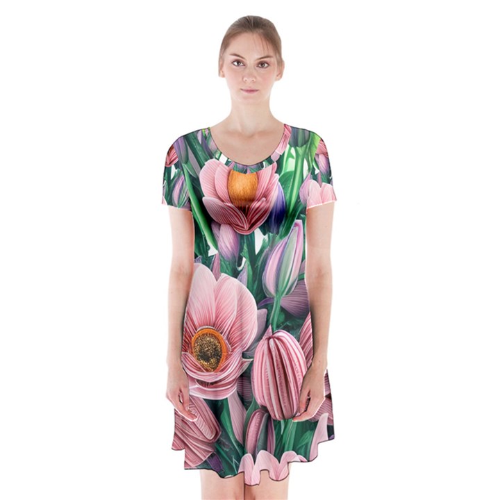 Azure Watercolor Flowers Short Sleeve V-neck Flare Dress