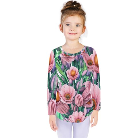 Azure Watercolor Flowers Kids  Long Sleeve Tee by GardenOfOphir