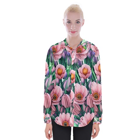 Azure Watercolor Flowers Womens Long Sleeve Shirt by GardenOfOphir