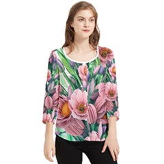 Azure Watercolor Flowers Chiffon Quarter Sleeve Blouse