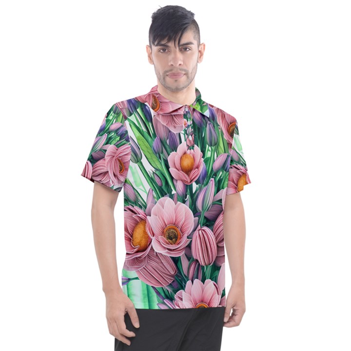 Azure Watercolor Flowers Men s Polo Tee