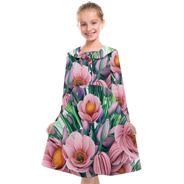 Azure Watercolor Flowers Kids  Midi Sailor Dress