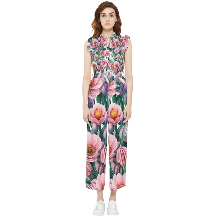 Azure Watercolor Flowers Women s Frill Top Chiffon Jumpsuit