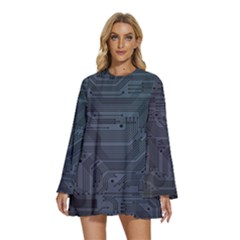 Circuit Board Circuits Mother Board Computer Chip Round Neck Long Sleeve Bohemian Style Chiffon Mini Dress