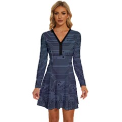 Circuit Board Circuits Mother Board Computer Chip Long Sleeve Deep V Mini Dress  by Ravend