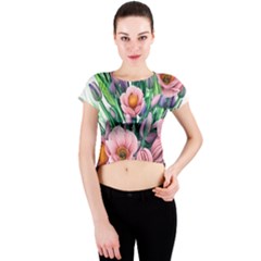 Azure Watercolor Flowers Crew Neck Crop Top by GardenOfOphir