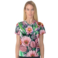 Azure Watercolor Flowers V-neck Sport Mesh Tee