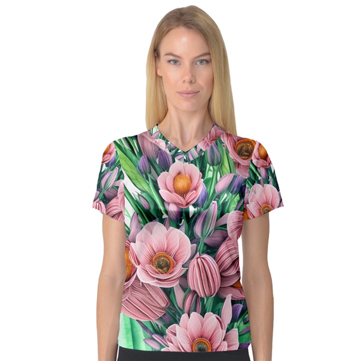 Azure Watercolor Flowers V-Neck Sport Mesh Tee