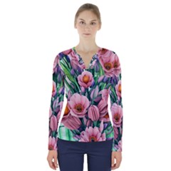 Azure Watercolor Flowers V-neck Long Sleeve Top by GardenOfOphir