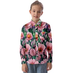 Azure Watercolor Flowers Kids  Long Sleeve Shirt by GardenOfOphir