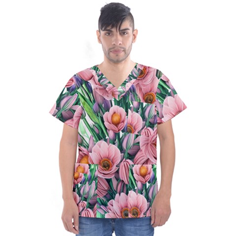 Azure Watercolor Flowers Men s V-neck Scrub Top by GardenOfOphir