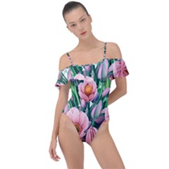 Azure Watercolor Flowers Frill Detail One Piece Swimsuit by GardenOfOphir