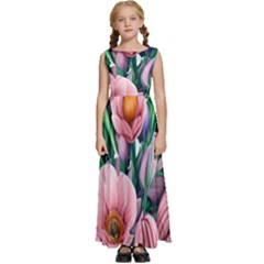 Azure Watercolor Flowers Kids  Satin Sleeveless Maxi Dress by GardenOfOphir