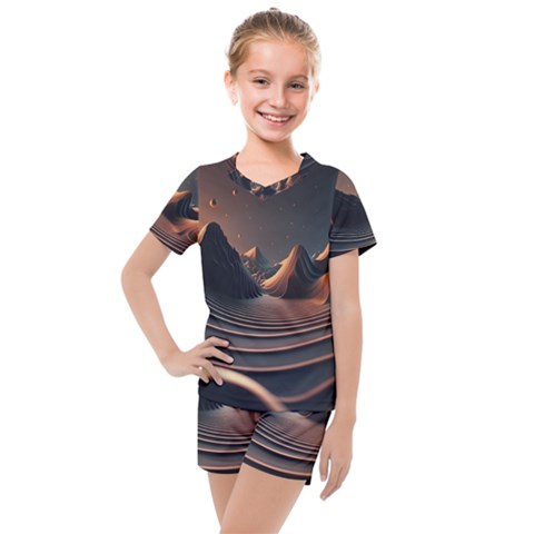 Ai Generated Swirl Space Design Fractal Light Art Kids  Mesh Tee And Shorts Set by Ravend