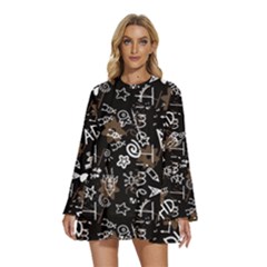 Background Pattern Graphic Beautiful Wallpaper Round Neck Long Sleeve Bohemian Style Chiffon Mini Dress