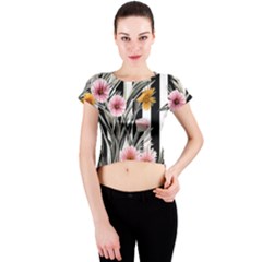 Assorted Watercolor Flowers Crew Neck Crop Top by GardenOfOphir