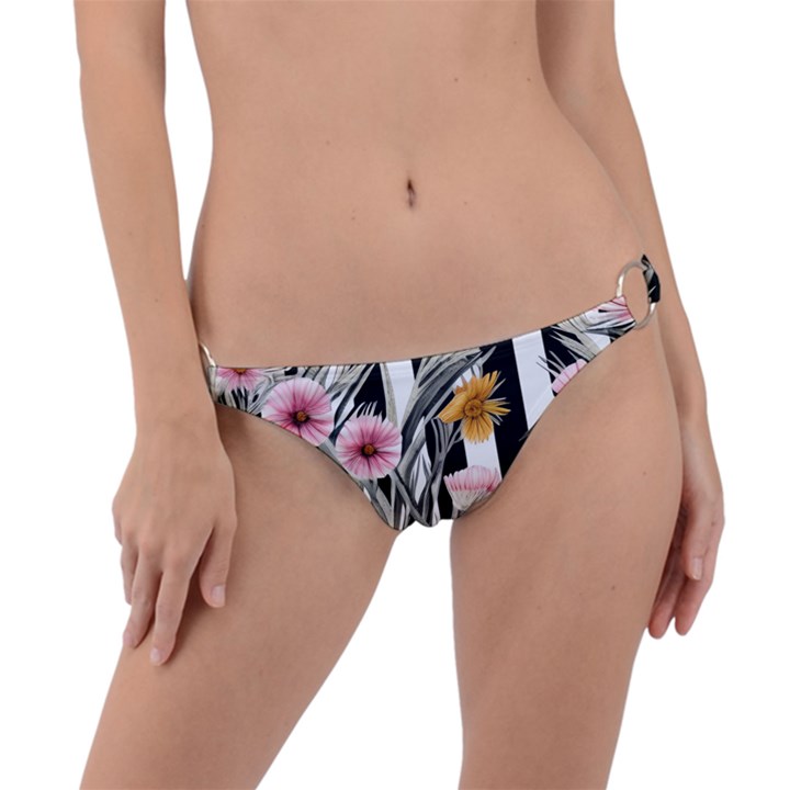 Assorted Watercolor Flowers Ring Detail Bikini Bottoms