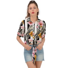 Assorted Watercolor Flowers Tie Front Shirt  by GardenOfOphir