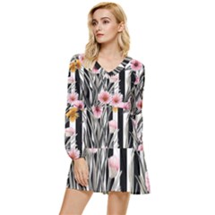 Assorted Watercolor Flowers Tiered Long Sleeve Mini Dress by GardenOfOphir