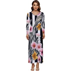 Assorted Watercolor Flowers Long Sleeve Longline Maxi Dress by GardenOfOphir