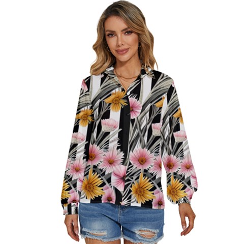 Assorted Watercolor Flowers Women s Long Sleeve Button Down Shirt by GardenOfOphir