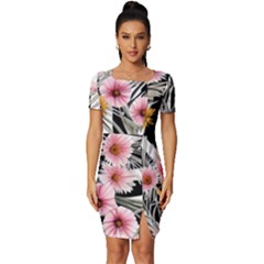 Assorted Watercolor Flowers Fitted Knot Split End Bodycon Dress