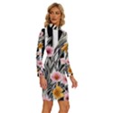 Assorted Watercolor Flowers Long Sleeve Shirt Collar Bodycon Dress View3