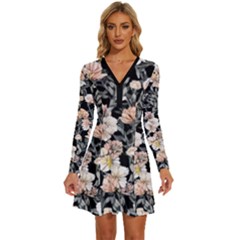 Vibrant And Alive Watercolor Flowers Long Sleeve Deep V Mini Dress 