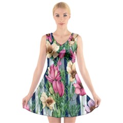 Big And Bright Watercolor Flowers V-neck Sleeveless Dress by GardenOfOphir