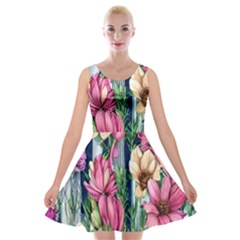 Big And Bright Watercolor Flowers Velvet Skater Dress