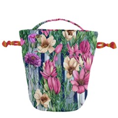 Big And Bright Watercolor Flowers Drawstring Bucket Bag by GardenOfOphir