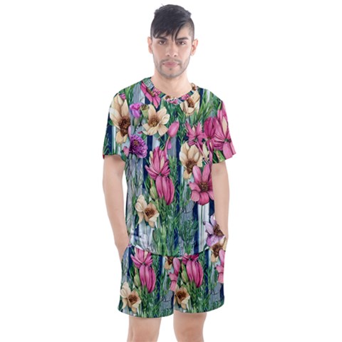 Big And Bright Watercolor Flowers Men s Mesh Tee And Shorts Set by GardenOfOphir