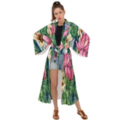 Big And Bright Watercolor Flowers Maxi Kimono by GardenOfOphir