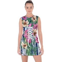 Big And Bright Watercolor Flowers Lace Up Front Bodycon Dress by GardenOfOphir